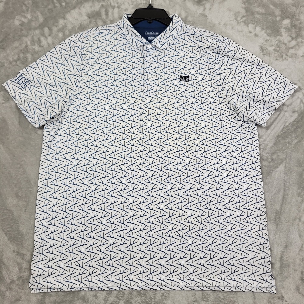 Good Good Performance Golf Polo Shirt Mens 2XL White Blue Geometric Twig Print